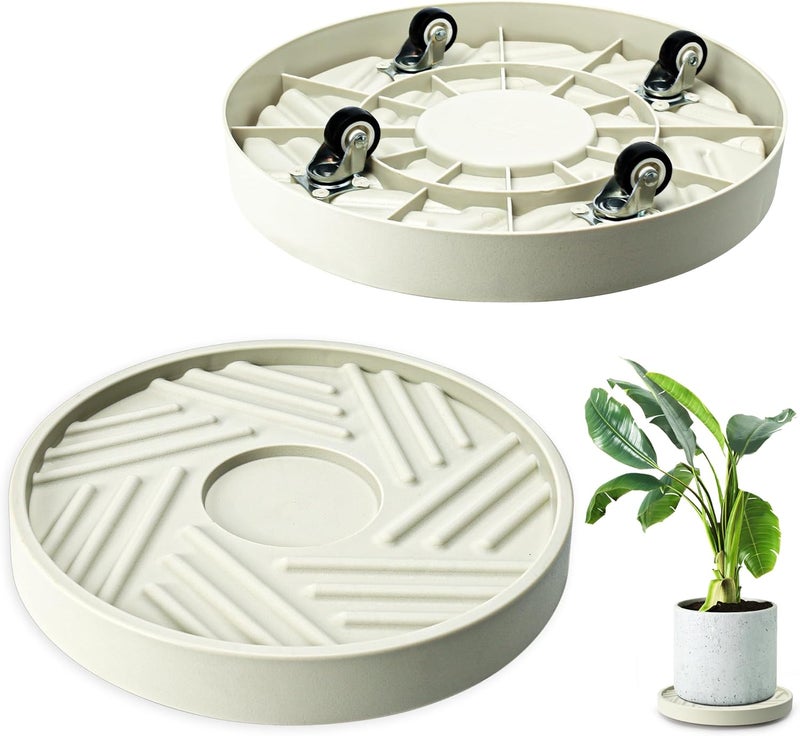 REDHUGO 2PCS Round Plant Caddy with Hidden Wheels, Heavy Duty Rolling Plant Stand Caddy with Wheels, Pot Base for Indoor Outdoor, Beige, 12 inches - Image 1